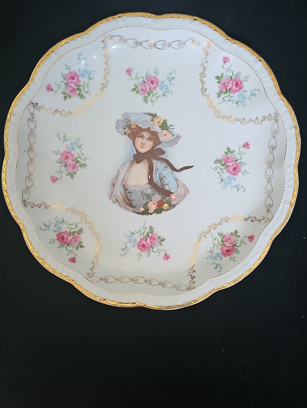 Victorian Crescent White Serving Plate with Pink Roses and Gold Trim
